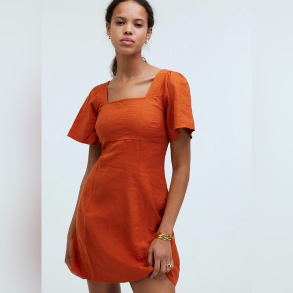 Madewell Dresses & Skirts - MADEWELL Square Neck Mini Dress Linen Dark Copper Orange Size 00 NWT
